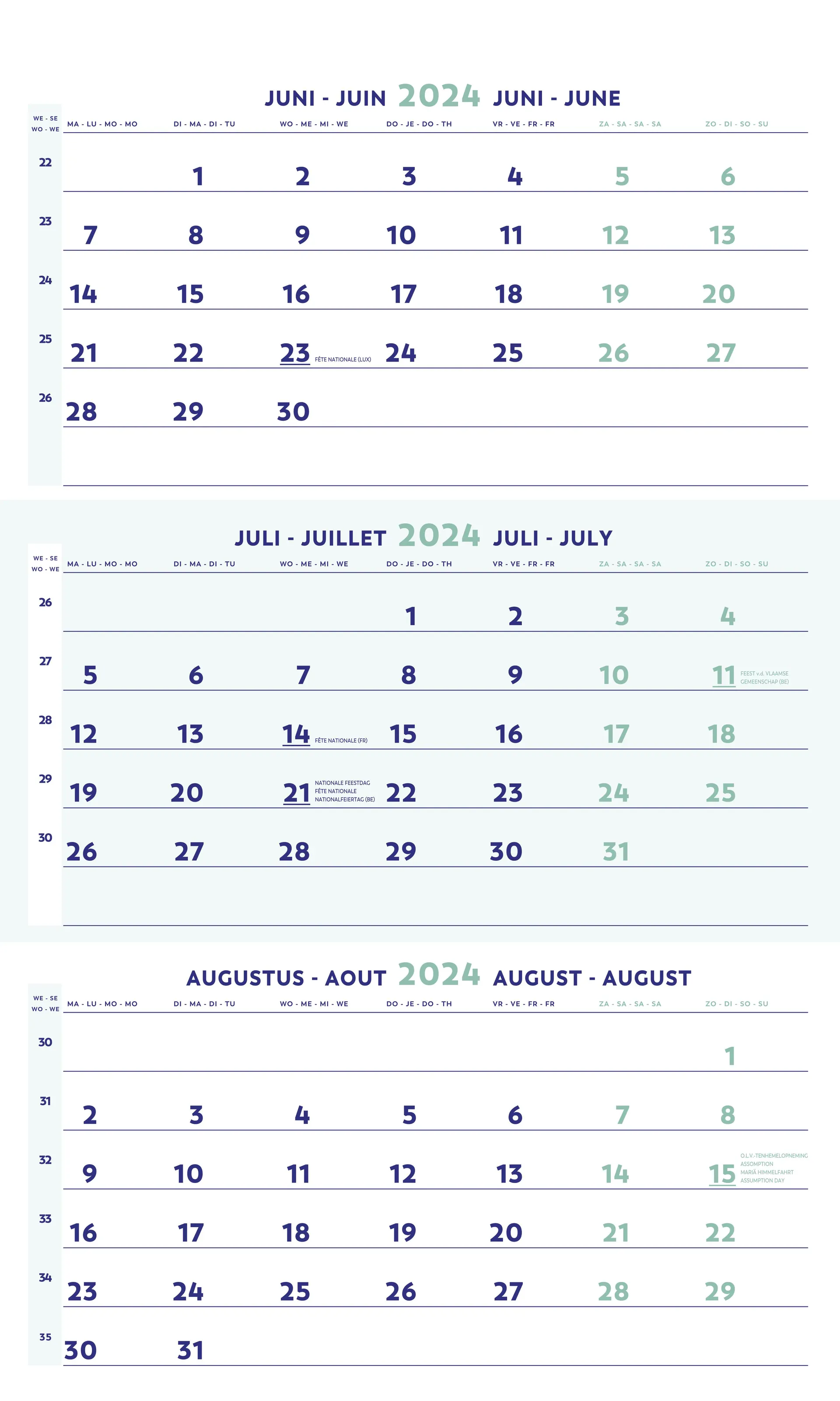 Brepols Driemaandskalender Wandmodel 300 x 600 mm NL - FR - DE - ENG