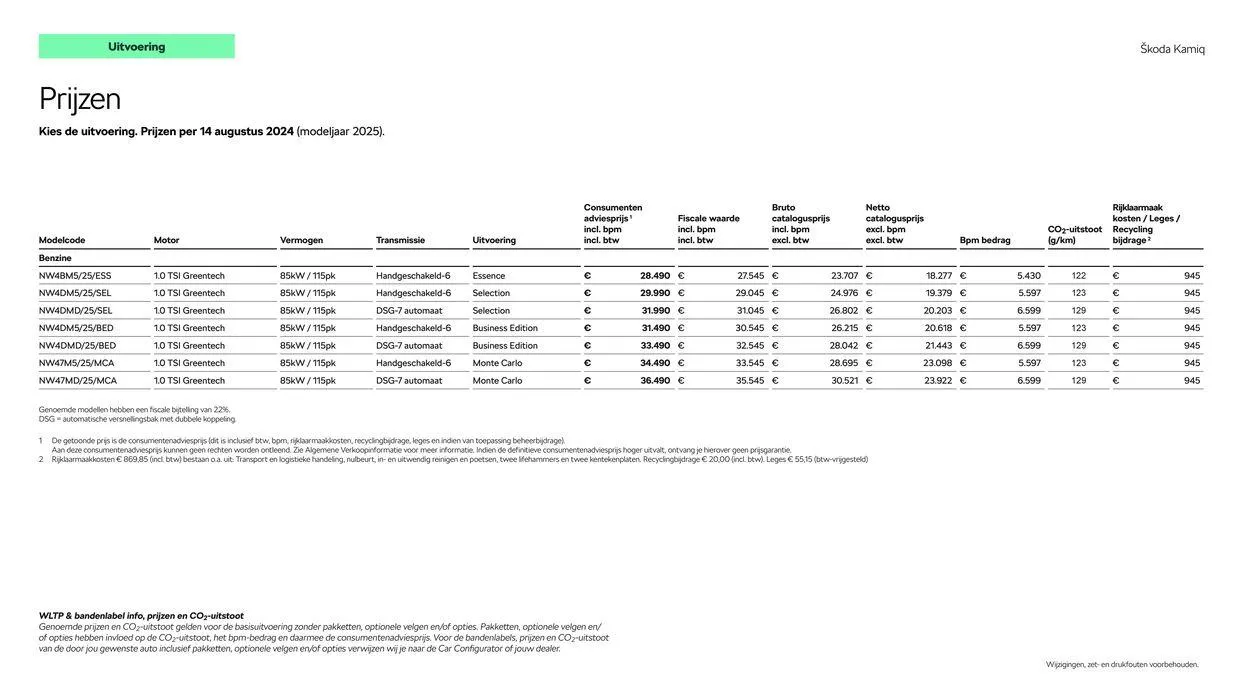 Škoda Kamiq prijslijst per 14 augustus 2024 van 15 augustus tot 15 augustus 2025 - Folder pagina 4