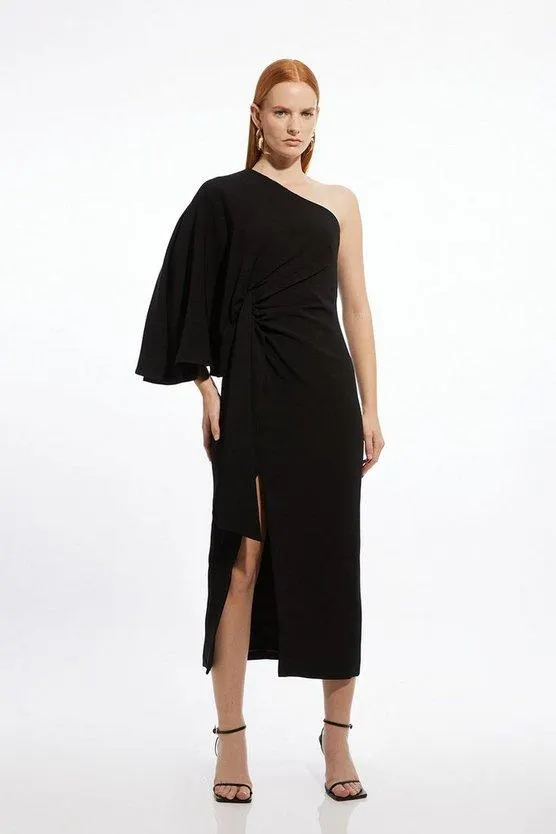 Compact Stretch Viscose Drape Sleeve One Shoulder Tailored Maxi Dress