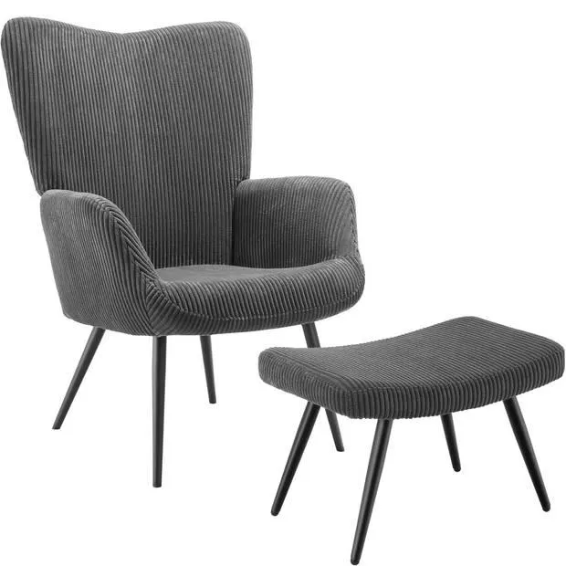 tectake® Oorfauteuil met hocker - Scandinavische Stijl - Corduroy - Lounge Stoel voor Woonkamer - 150kg - Antraciet