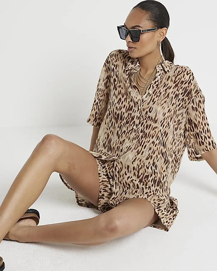 Beige leopard print metallic shirt