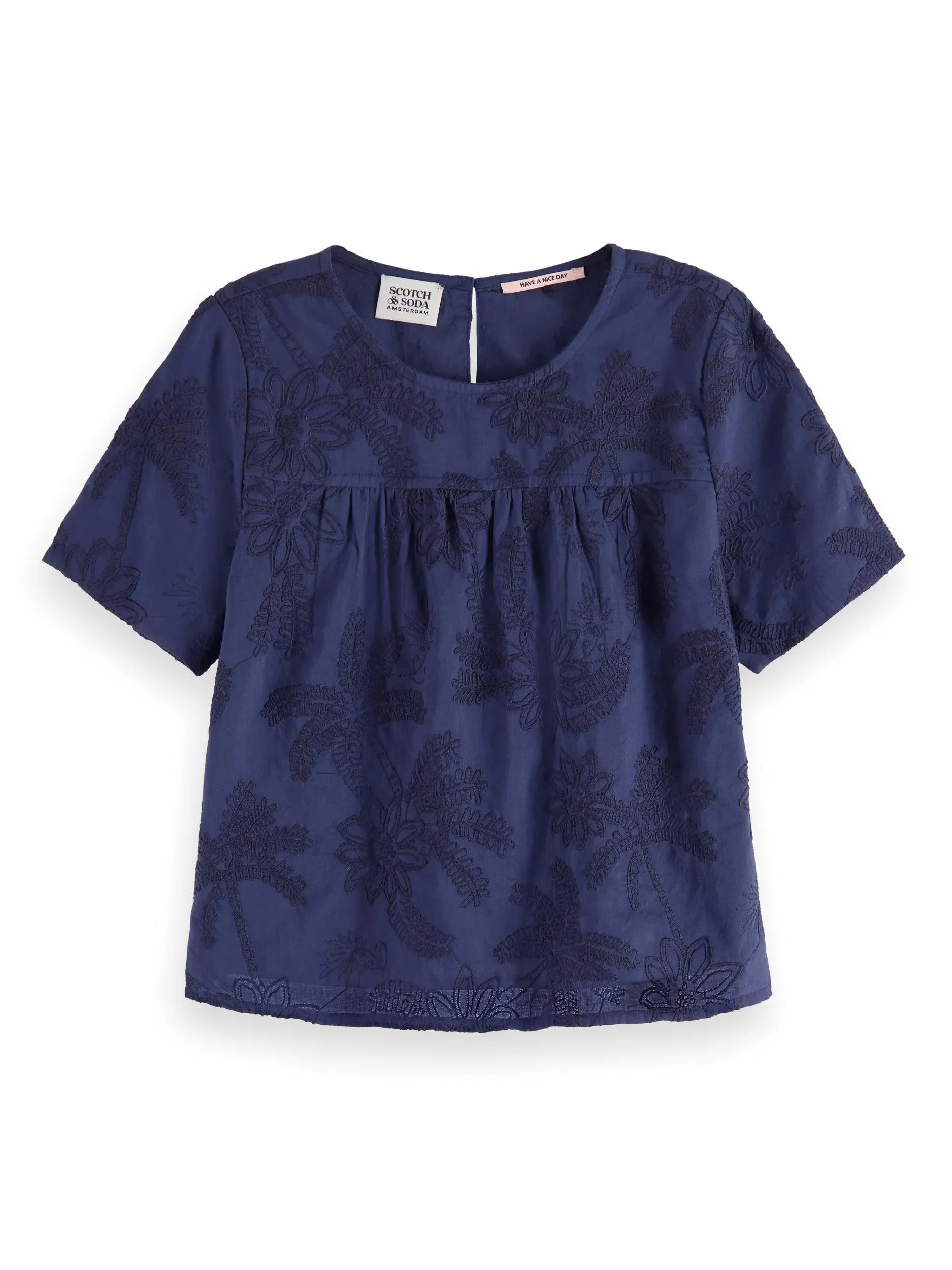 Tonal chainstitch embroidered short-sleeved top