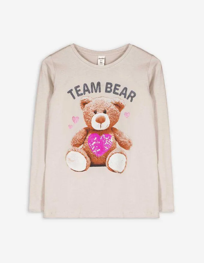 Tričko s dlouhým rukávem - Aplikace z flitrů - béžová