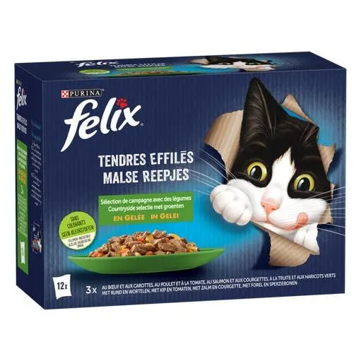 Natvoer voor katten malse reepjes met vlees in gelei 12 stuks 85 g