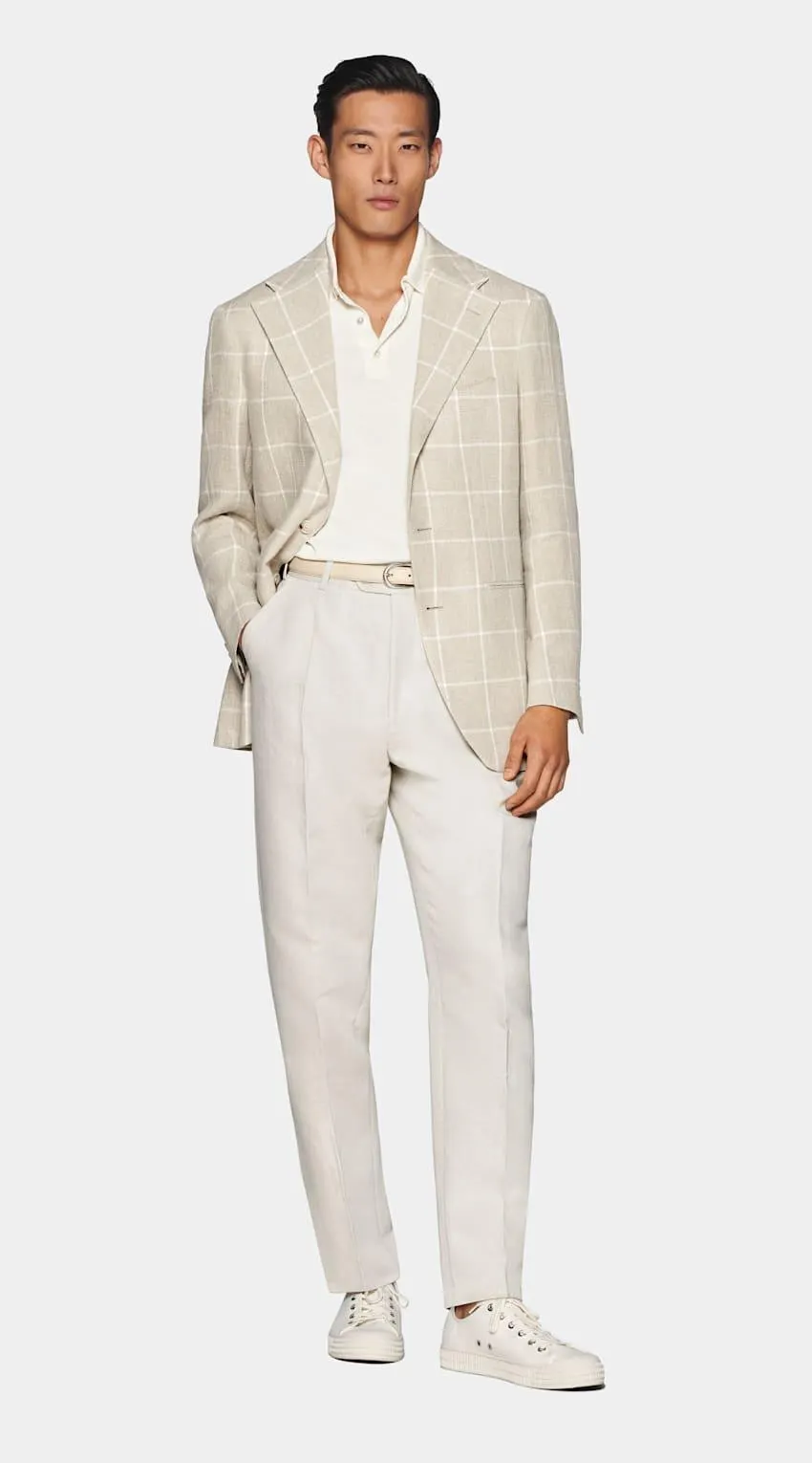 Tailored slim & unlined, this light taupe blazer is the perfect way to liven up your wardrobe. Crafted with a half canvas, it boasts streamlined jetted pockets, and a white windowpane check for some bold-yet-elegant pattern.