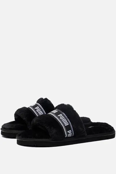 Puma Slide Fluff Pantoffels zwart Imitatiebont