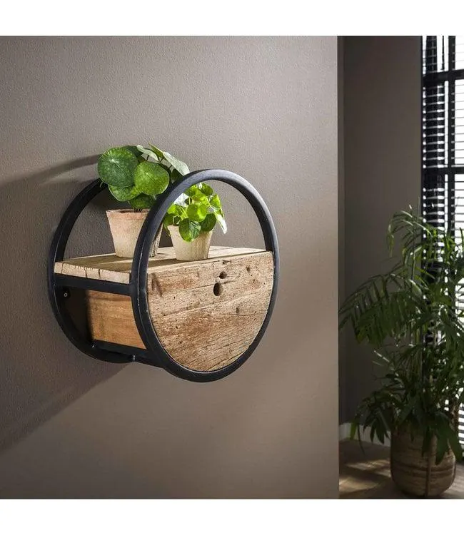 Industrieel rond wandrek hout en metaal Liv 40 cm
