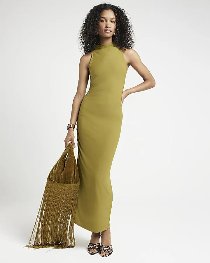 Green Ruched High Neck Bodycon Midi Dress