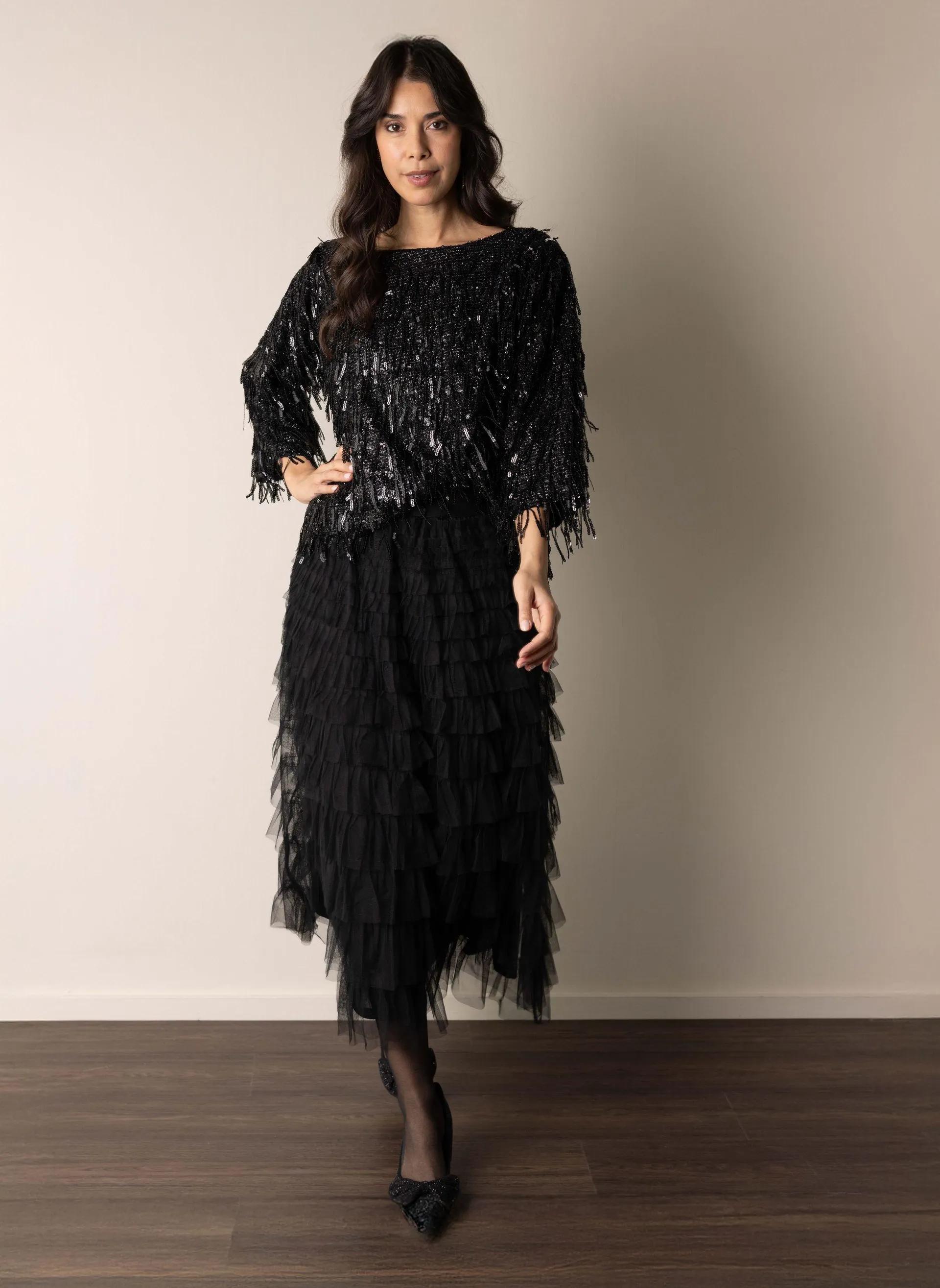 Zwarte top met franjes en zwarte pailletten