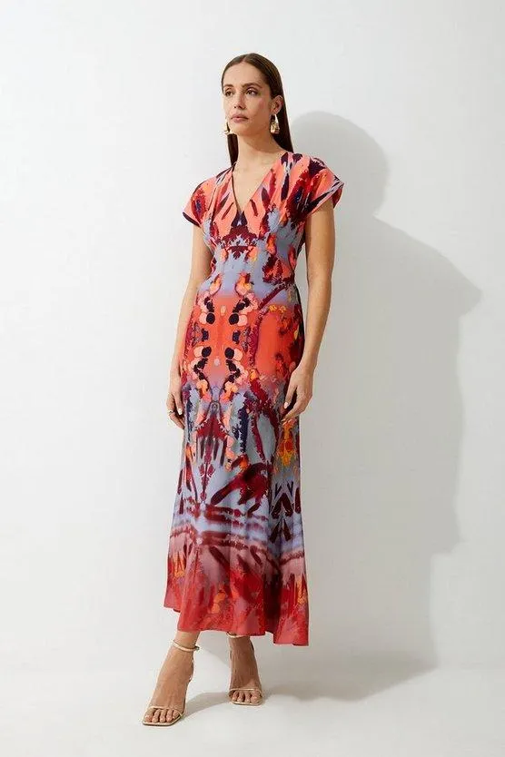 Mirrored Print Satin Crepe Angel Sleeve Woven Maxi Dress