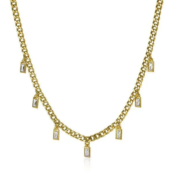 ZINZI Sterling Silver Curb Chain Necklace 14K Yellow Gold Plated Baguette Zirconia