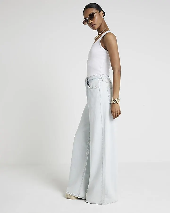 Blue mid rise elastic back wide fit jeans