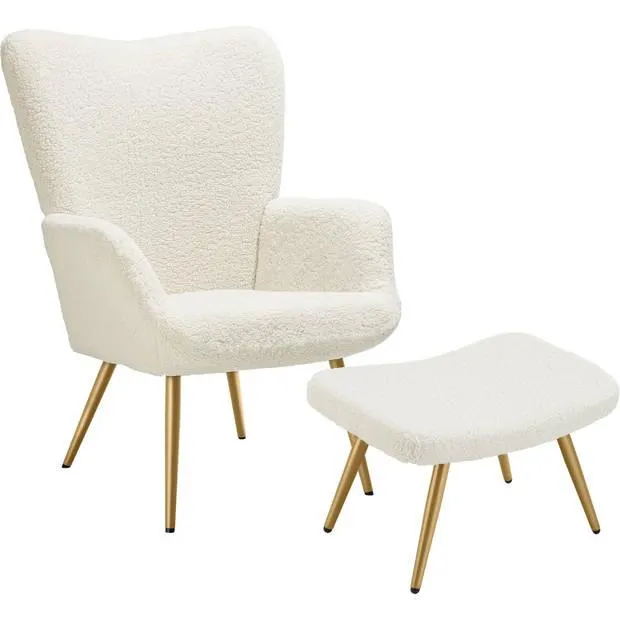 tectake® Oorfauteuil in Scandinavische Stijl met hocker - Teddystoel, Lounge Stoel voor Woonkamer - 150kg - Crème/Goud