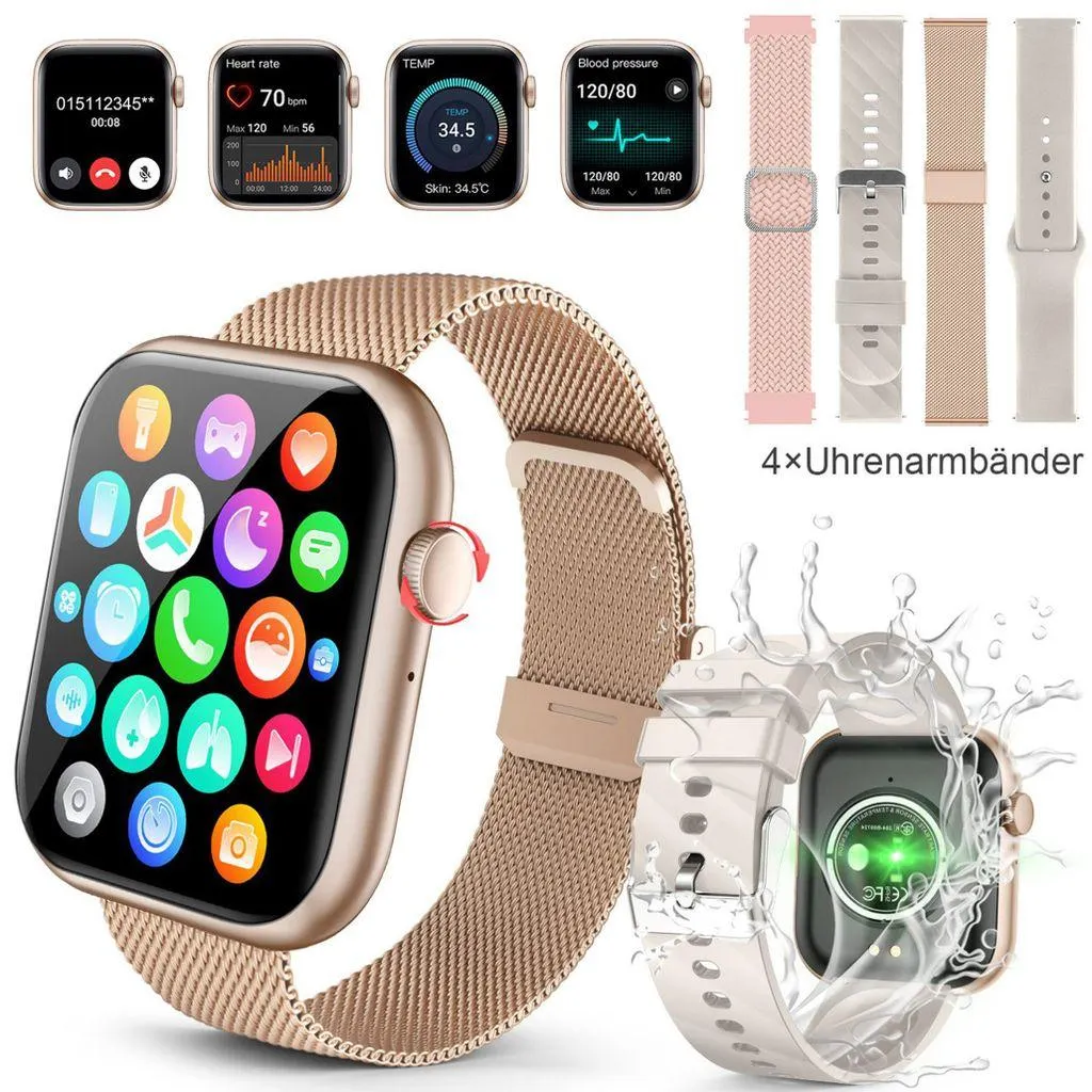 Smartwatch,Smartwatch Damen Herren,1.96 "HD Fitness Tracker Uhr für Android iOS,100+Sportmodi Pulsuhr Schrittzähler Aktivitätstracker,4 Armbänder-Gold