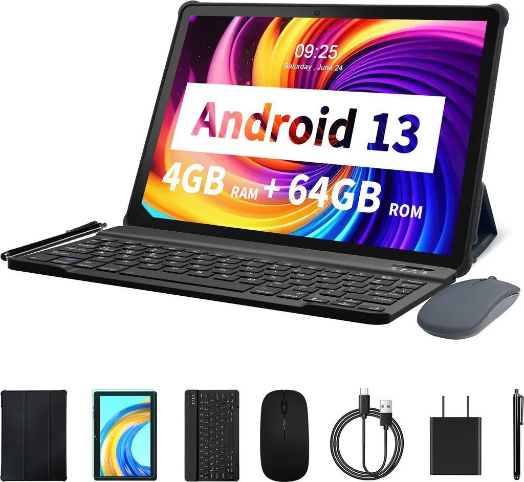 PRITOM Tablet 10" Android 13, 4 GB (2+2 virtuell) RAM, 64 GB ROM, Quad Core, WLAN, Bluetooth, Hellblau – mit kabelloser Tastatur, Maus und Lederhülle
