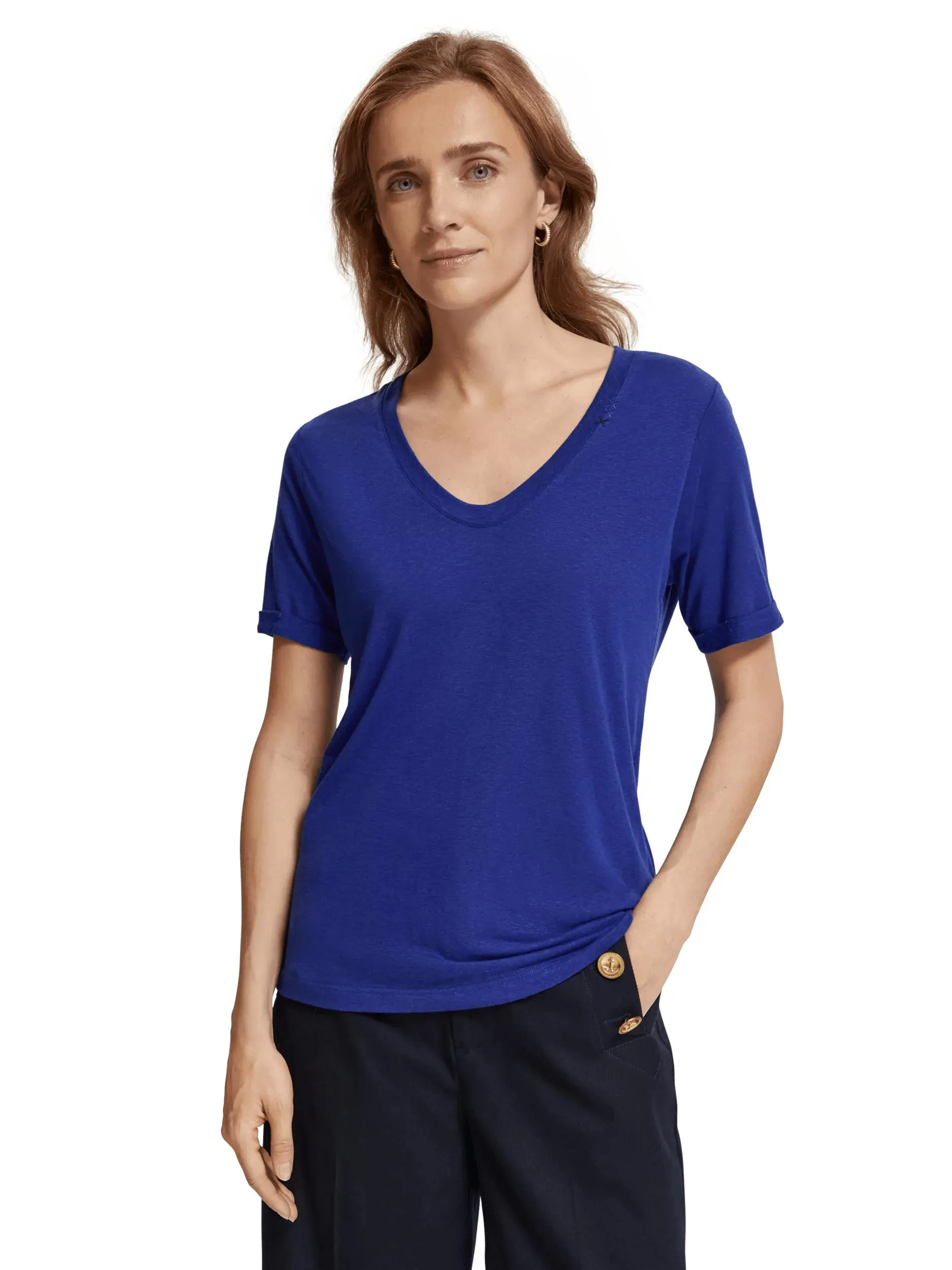 Embroidered linen-blended V-neck T-shirt