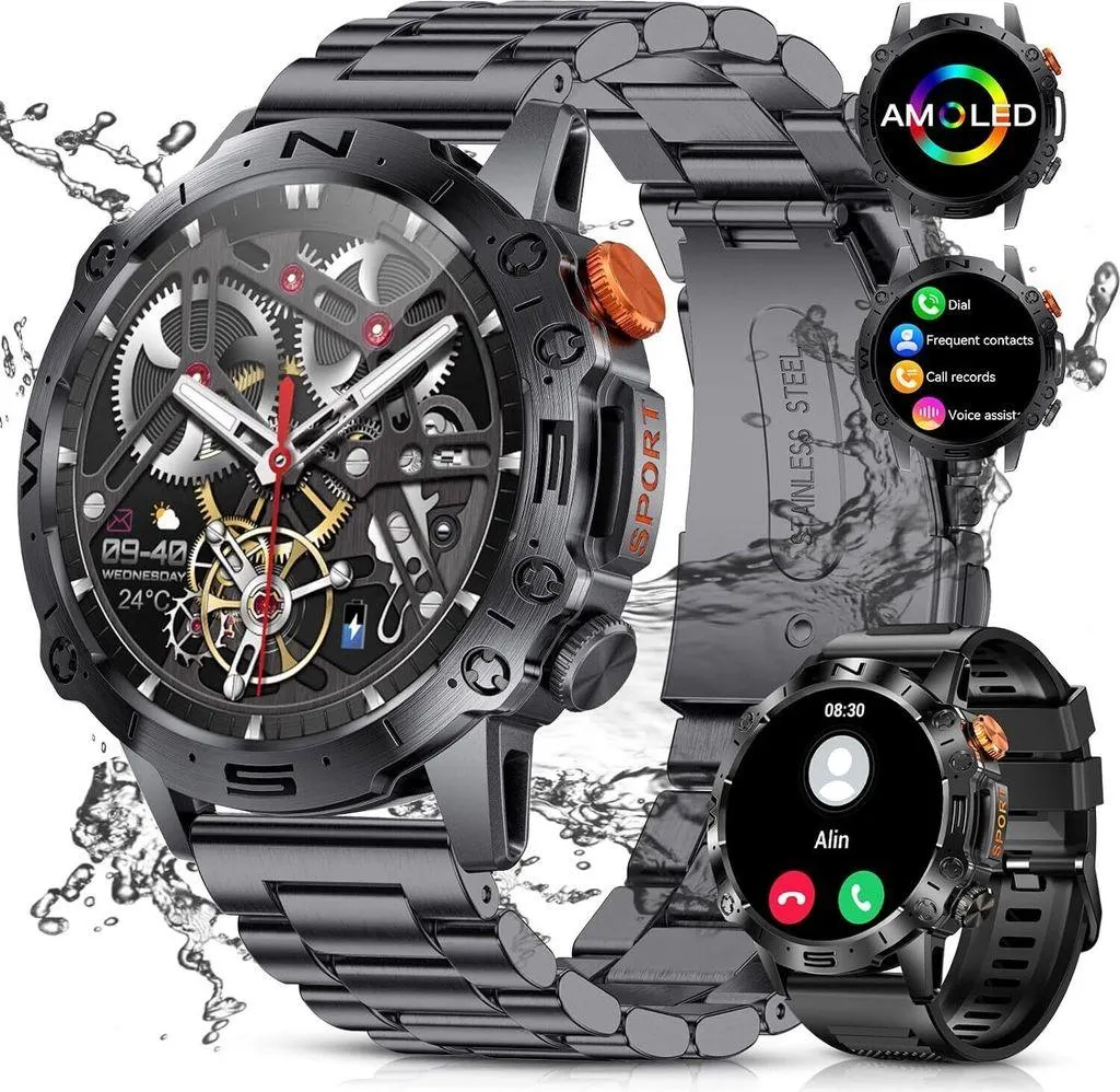 Smartwatch Herren mit Telefonfunktion, 1.43'' AMOLED Touchscreen Fitnessuhr mit Schrittzähler/Blutdruckmessung, 126+Sportmodi IP68 Wasserdicht Outdoor