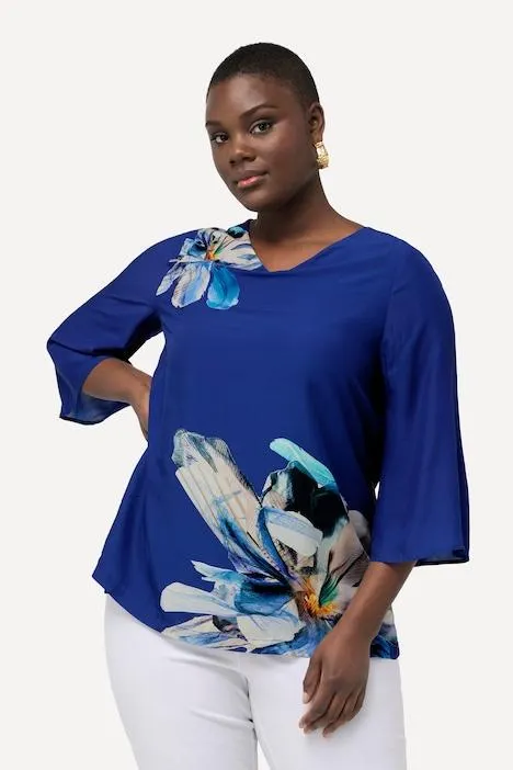 Blouse, bloemen, oversized, V-hals, 3/4-klokmouwen