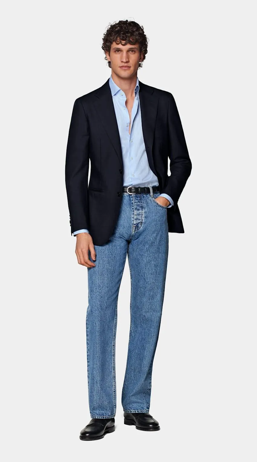 A richly draping layer in navy, this Havana blazer is unlined, tailored slim with a natural shoulder and jetted pockets, ready to wear as a full suit or on its own.