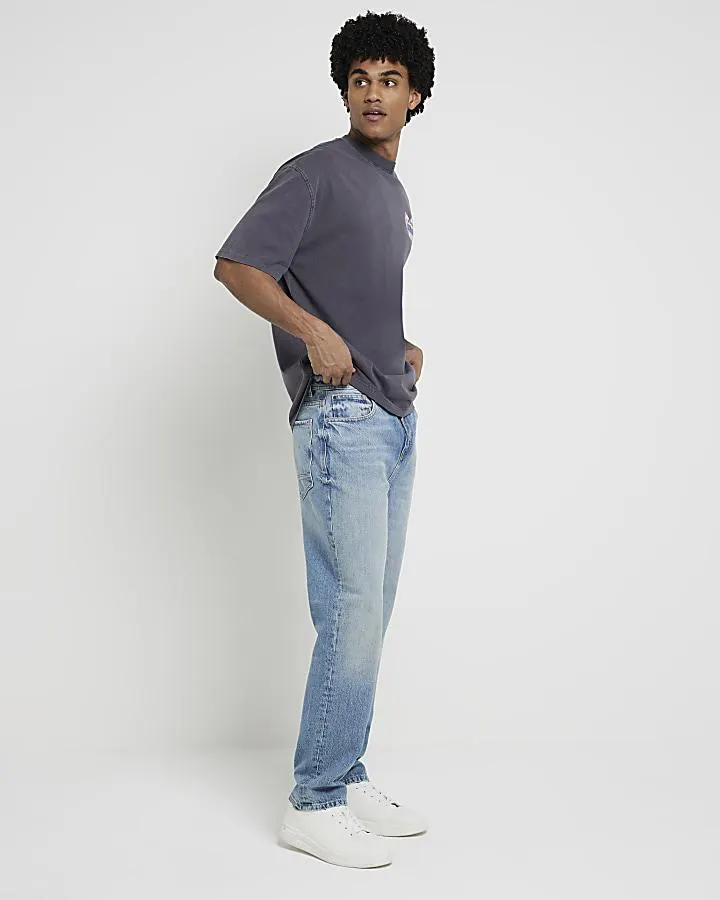 Blue straight fit faded jeans