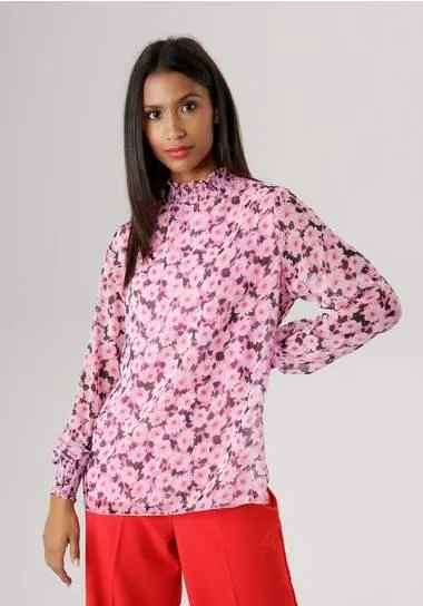 Aniston SELECTED Chiffon blouse met bloemenprint en gerimpelde borden