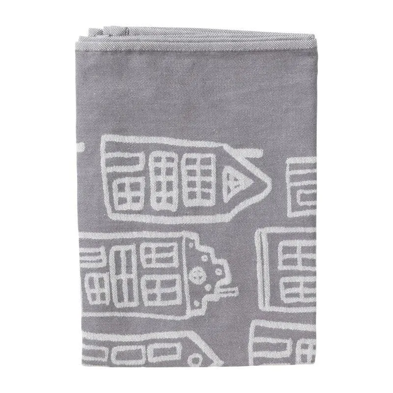 Theedoek antraciet huisjes - antraciet/wit - 50x70 cm