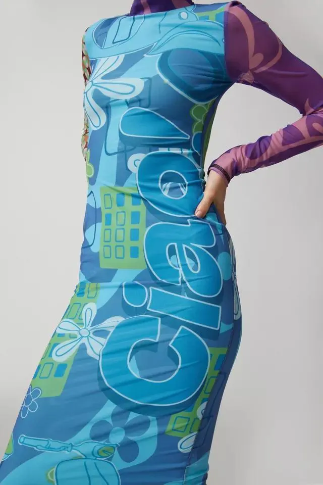UO Zoe Printed Long Sleeve Midi Dress