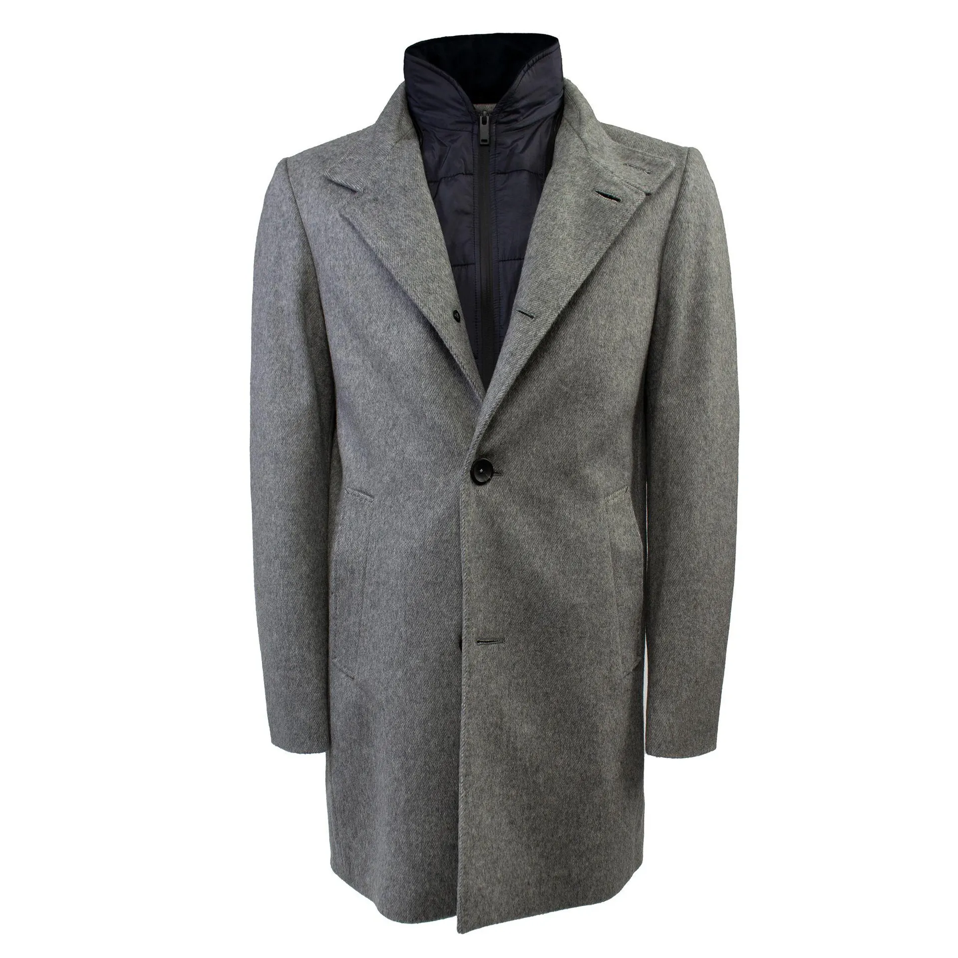 winterjas lang in Ecowol met opstaande kraag lichtgrijs