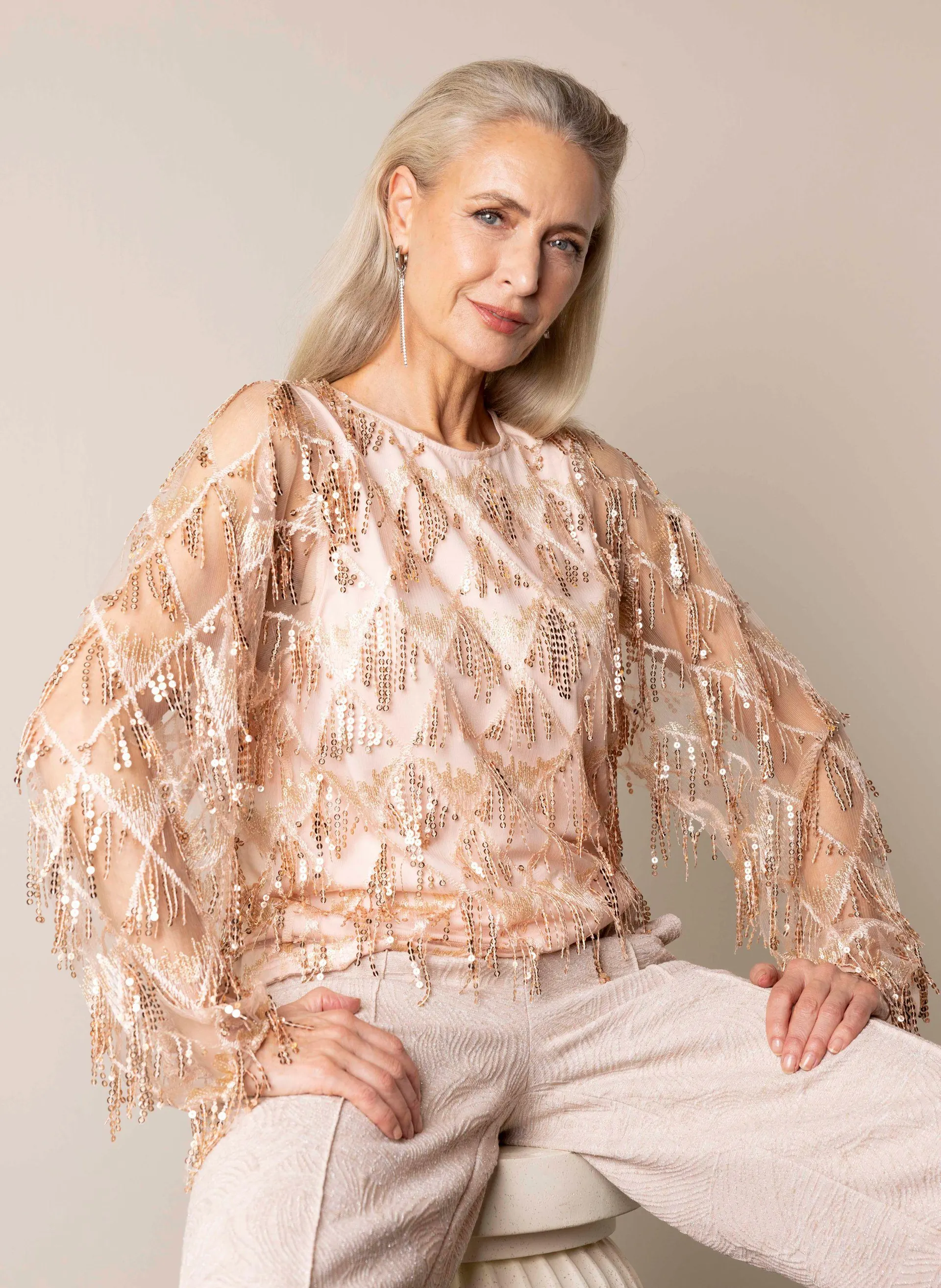 Rosé blouse met franjes en pailletten