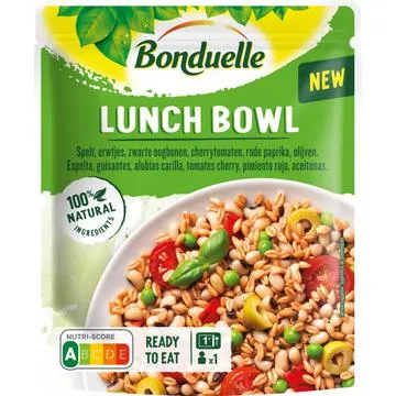 Bonduelle Lunch Bowl Spelt, erwtjes, zwarte oogbonen, cherrytomaten, rode paprika, olijven 250g