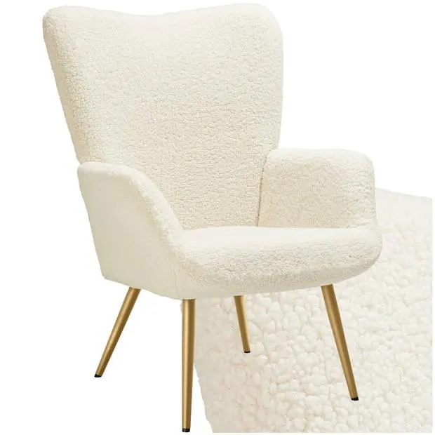 tectake® Oorfauteuil in Scandinavische Stijl - Teddystoel Bouclé, Lounge Stoel voor Woonkamer - 150kg - Crème/Goud