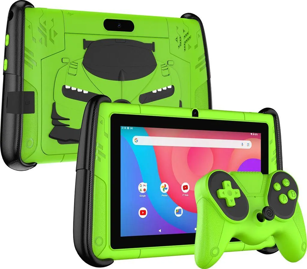 PRITOM 7" Android 12 Tablet für Kinder, 4 GB RAM 64 GB ROM, Kindersoftware vorinstalliert, WLAN, mit cooler Hülle in Sportwagenform, Grün