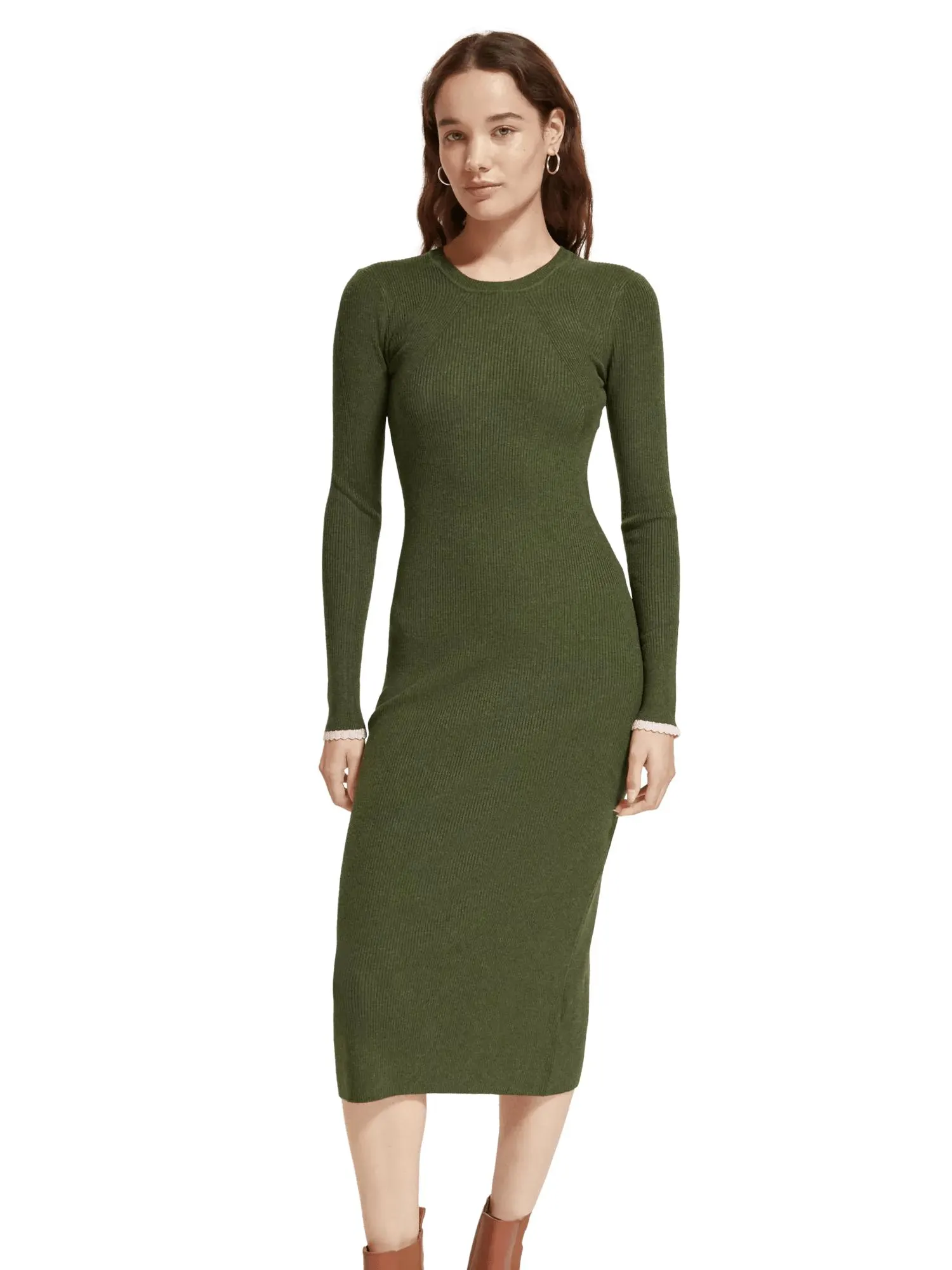 Long-sleeved rib knitted midi dress