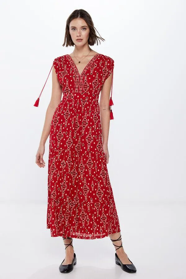 Vestido Midi Hombros Cordón Borla