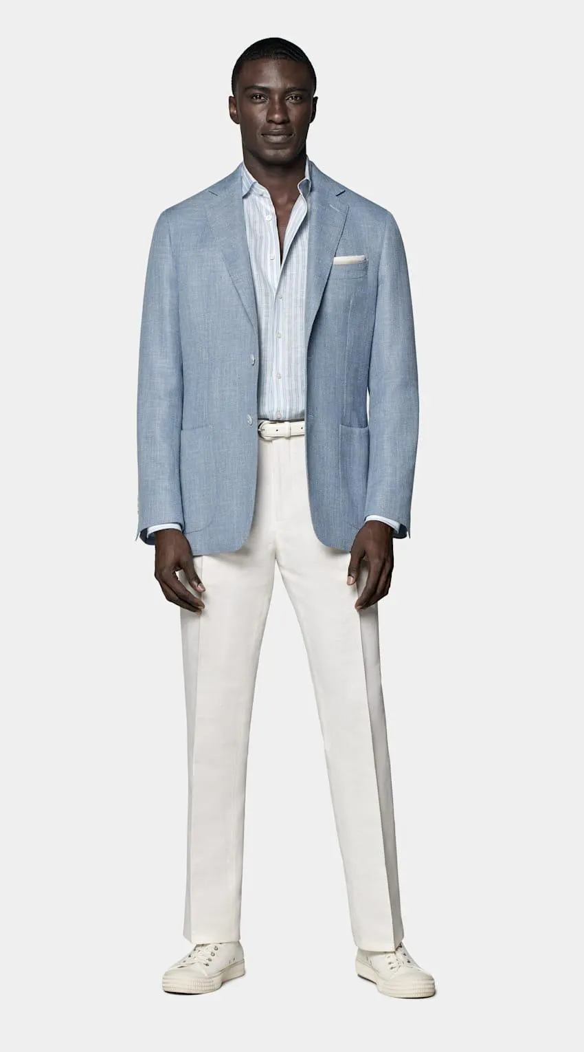 A textured light blue Havana to get you through the season in impeccable style—this unlined slim-tailored classic makes a smart pairing to any look.