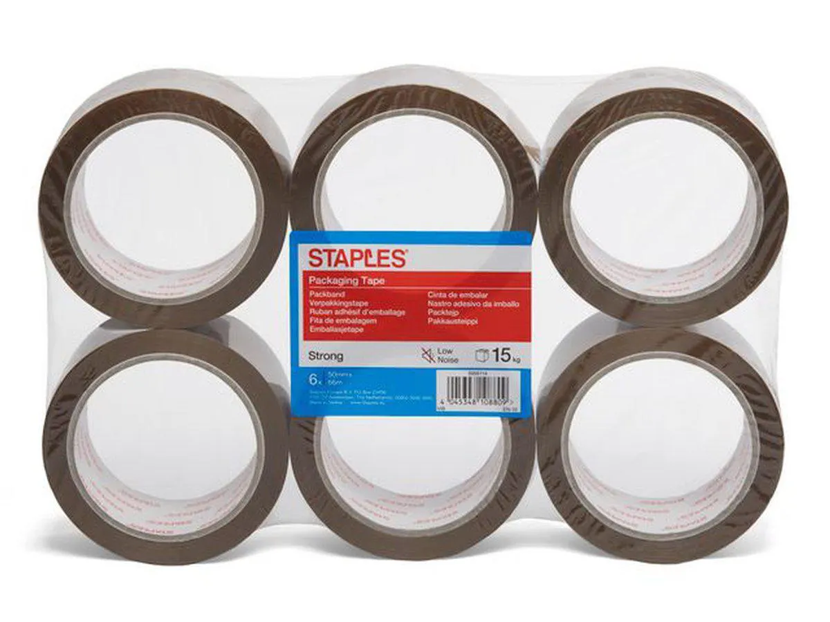 Staples Verpakkingstape, PP, Low Noise, 50 mm x 66 mtr, Bruin