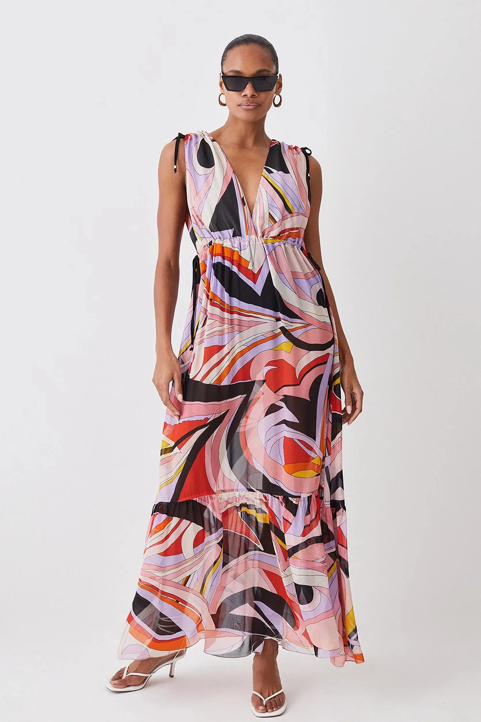 Abstract 60s Colourblock Silk Viscose Maxi Beach Dress