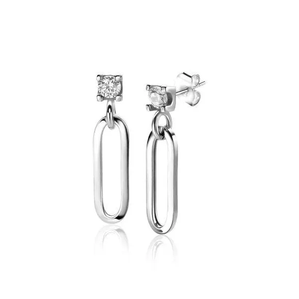 27mm ZINZI zilveren oorstekers met ovale schakel en witte zirconia gezet in luxe vierpootszetting ZIO-BF85
