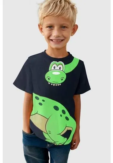 KIDSWORLD T-shirt GREEN DINO Korte mouwen, basic pasvorm, bedrukt, ronde hals