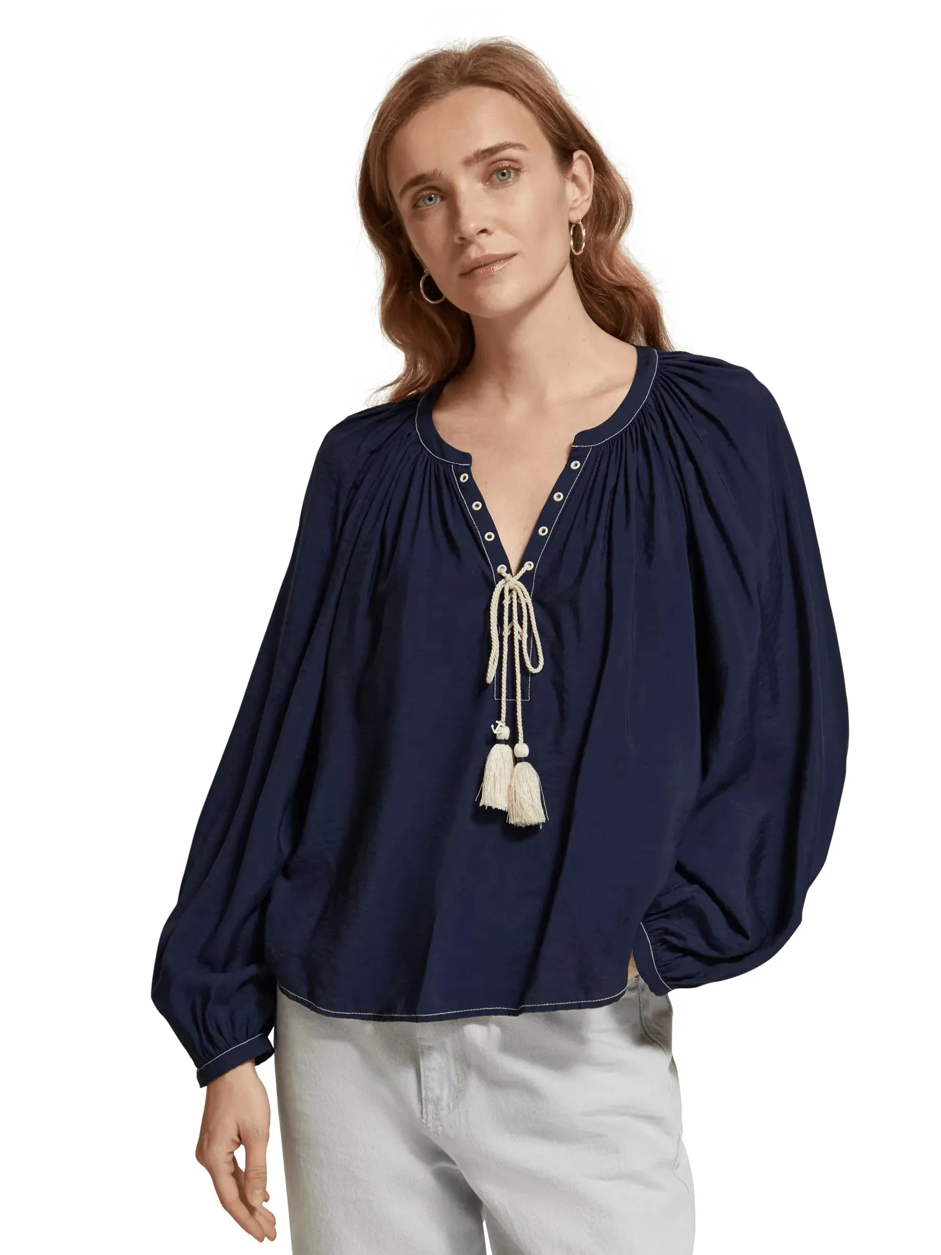 Denim lace-up blouse with balloon sleeves