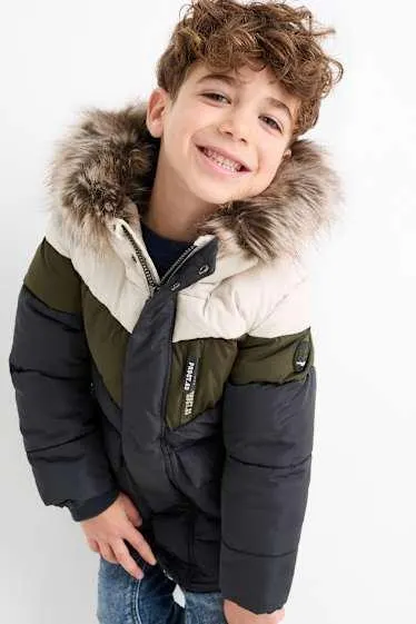 Quilted jacket with hood and faux fur trim - water-repellent
