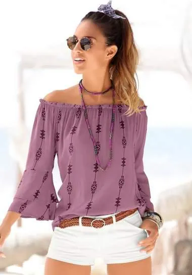 Lascana Blouse met carmenhals met ethno print