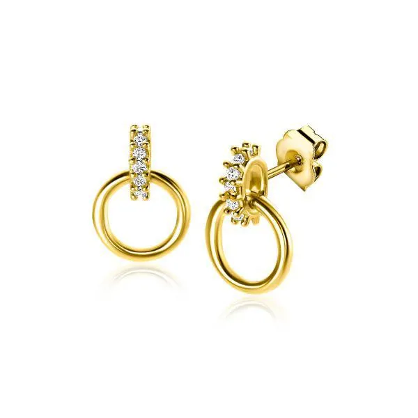 14mm ZINZI gold plated zilveren oorstekers met gladde ronde schakel en schitterend ovaal hangoog bezet met witte zirconia's ZIO-BF84