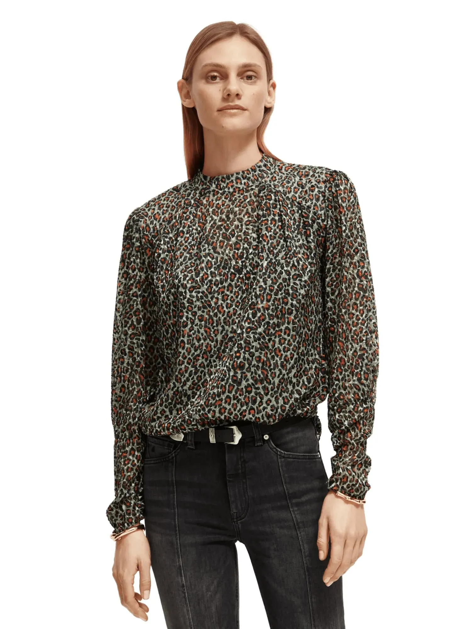 Mock neck open back blouse