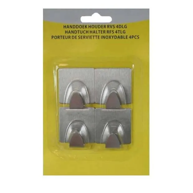4x RVS handdoekhaakjes / ophanghaakjes - vierkant - zelfklevende haakjes