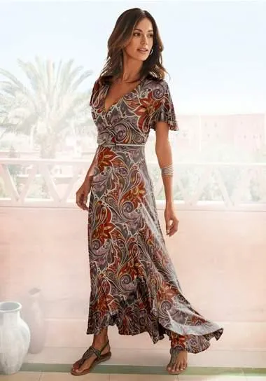 Lascana Maxi-jurk met paisley-print, split en volant, vleugel mouwen, drukjurk