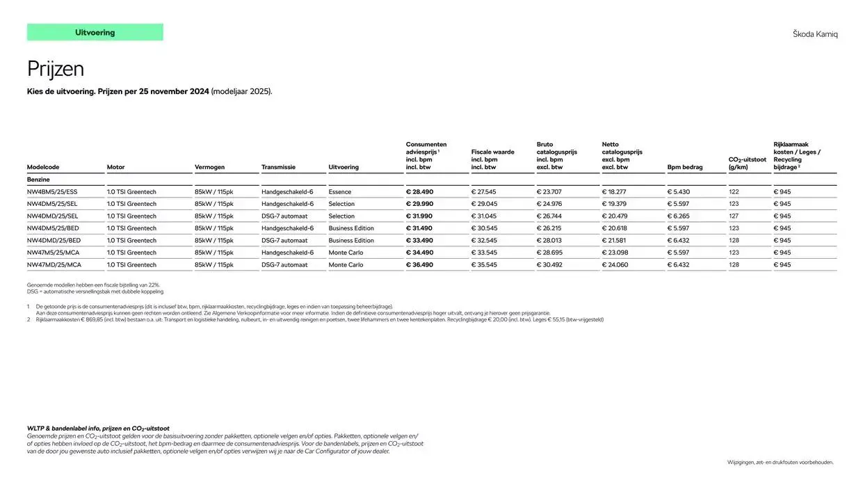 Škoda Kamiq prijslijst per 25 november 2024 van 27 november tot 27 november 2025 - Folder pagina 4