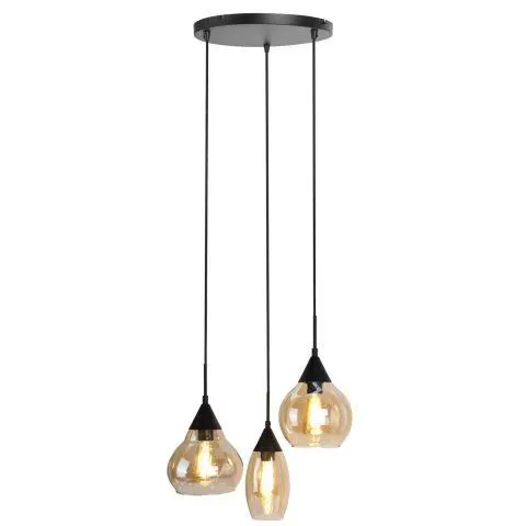 Hanglamp Lungo zwart amber glas 3-lichts