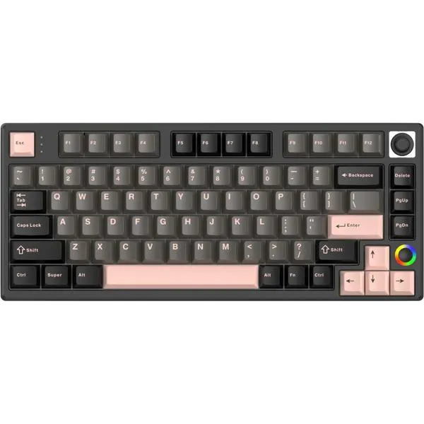 HelloGanss HS75T GC02, toetsenbord (Zwart/roze, US lay-out, Gateron Yellow, 75%, RGB leds, PBT Doubleshot keycaps, hot swap, 2,4 GHz / Bluetooth / USB-C)