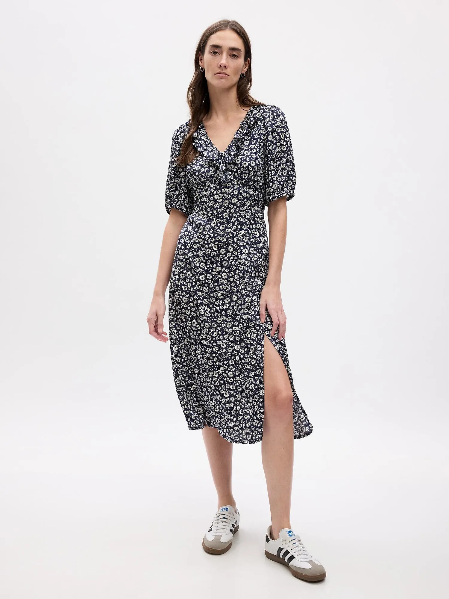 Puff Sleeve Ruffle Midi Dress